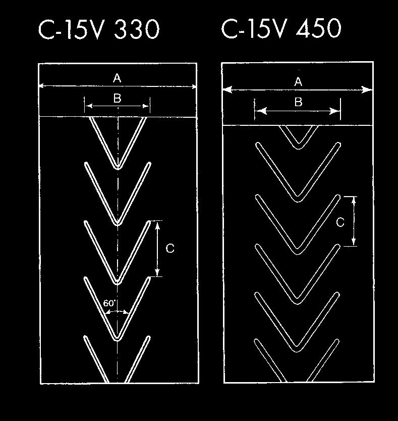 Transportbänder Steilfördergurt mit 15 mm hohem, offenem V-Profil Standardkonfektionen: Standardbreiten: EP 250/2, Decke 3:1,5