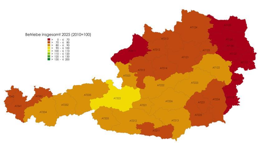 Land- und forstwirtschaftliche Betriebe laut Agrarstrukturerhebung 1999 2010 2013 1990/2010 1999/2010 2025 (% 90-10) 2025 (% 99-10) Österreich 217,508 173,317 166,317 % p.a. % p.a. 123,170 129,490 Burgenland 16,081 9,793 9,053 4.