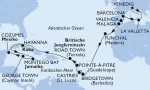 MSC Armonia - 28 Nächte Von Italien nach Kuba (ab Venedig/bis Havanna) Venedig, Seetag, Valletta, Seetag, Barcelona, Valencia, Malaga, Seetag, Funchal, 5 Seetage, Bridgetown, Castries,