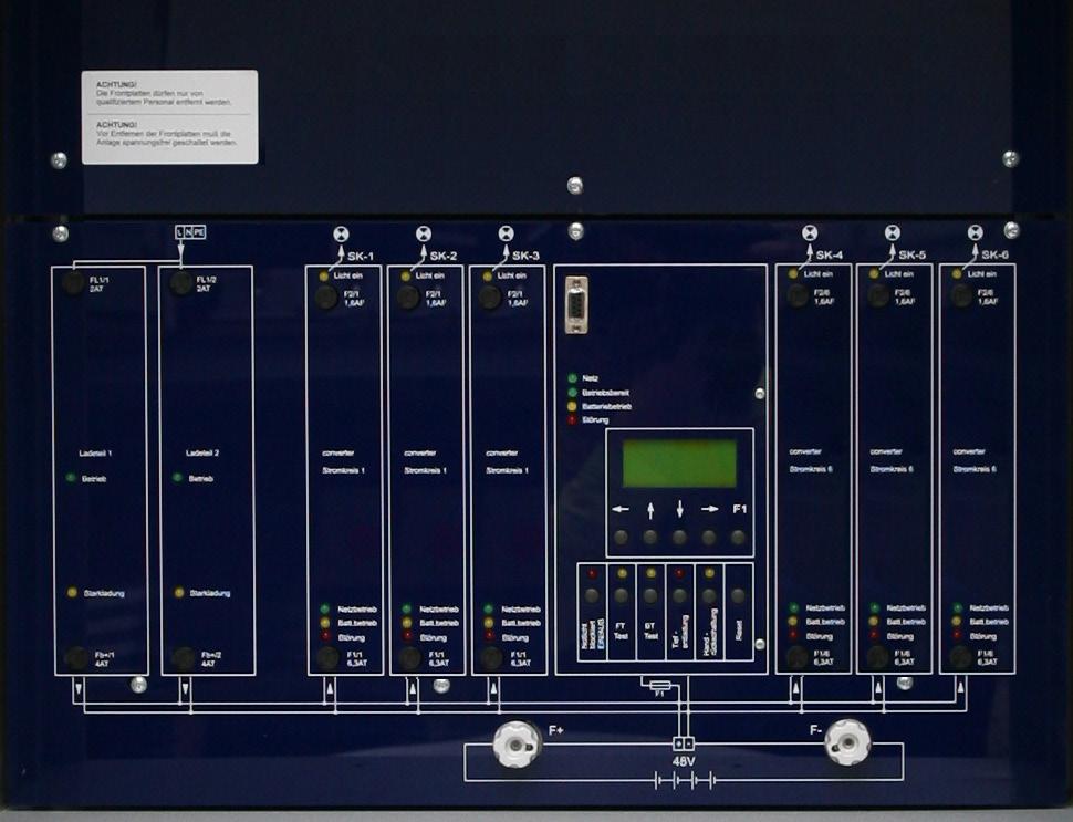 FZB 6-48 2 redundante Ladeteile 48V/2,5A primärgetaktet Absicherung: Netz-/Batterie RS232-Schnittstelle zur komfortablen Programmierung, Auslesung der Anlagen-Konfiguration und Archivierung der