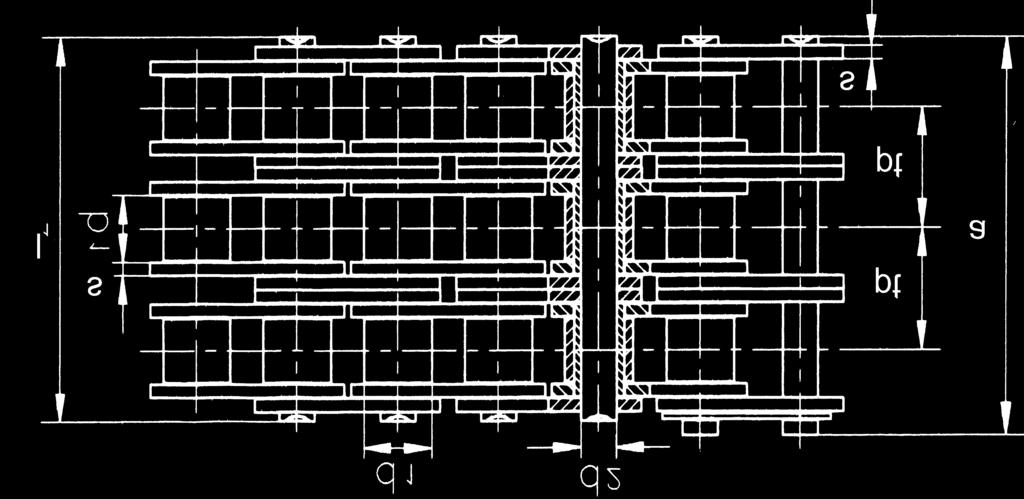 Rollenketten in verstärkter Ausführung in Anlehnung an DIN 8188 lichte Weite Rollen- Bolzen- Laschen- Laschen- Bolzen- Quer- Bruchkraft Bruchkraft Gewicht Teilung Innenglied durchm.