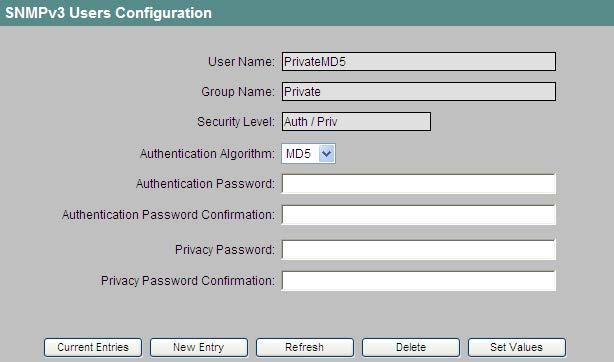 4.4 Das Menü Agent Konfiguration der SNMPv3-Benutzer Nach dem Anklicken eines Benutzer-Namens gelangen Sie zur Seite für die Benutzer- Konfiguration: Bild 4-33 SNMPv3 Users Configuration User Name