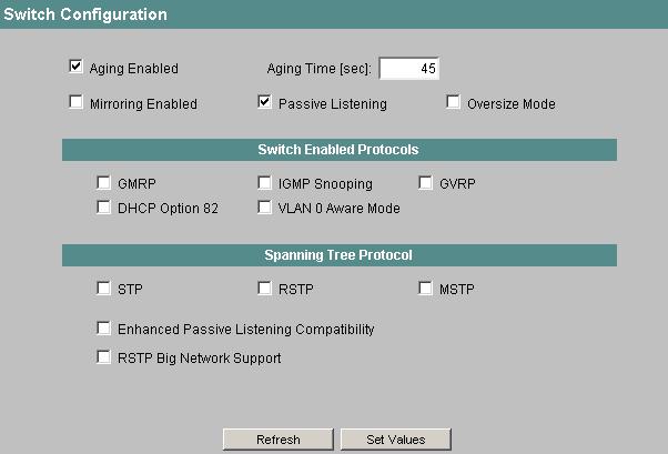 4.5 Das Menü Switch 4.5.1 Switch Configuration Protokolleinstellungen und Switch-Funktionalität Die Maske "Switch Configuration" erscheint, wenn Sie das Ordnersymbol "Switch" angeklickt haben.
