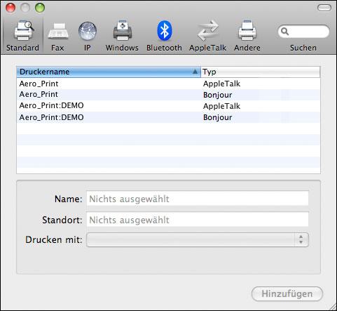 EINRICHTEN DER DRUCKFUNKTIONALITÄT UNTER MAC OS X 12 DRUCKER HINZUFÜGEN - DRUCKVERBINDUNG STANDARD (BONJOUR ODER APPLETALK) 1 Klicken Sie im Dialogfenster auf das Symbol Standard.
