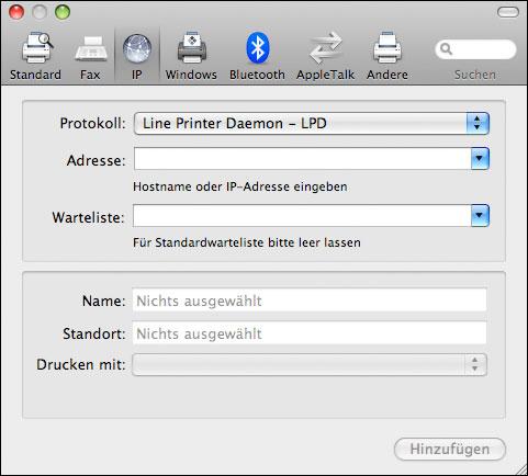 EINRICHTEN DER DRUCKFUNKTIONALITÄT UNTER MAC OS X 13 DRUCKER HINZUFÜGEN - DRUCKVERBINDUNG IP-DRUCKER 1 Klicken Sie im Dialogfenster auf das Symbol IP. Die Seite IP wird geöffnet.