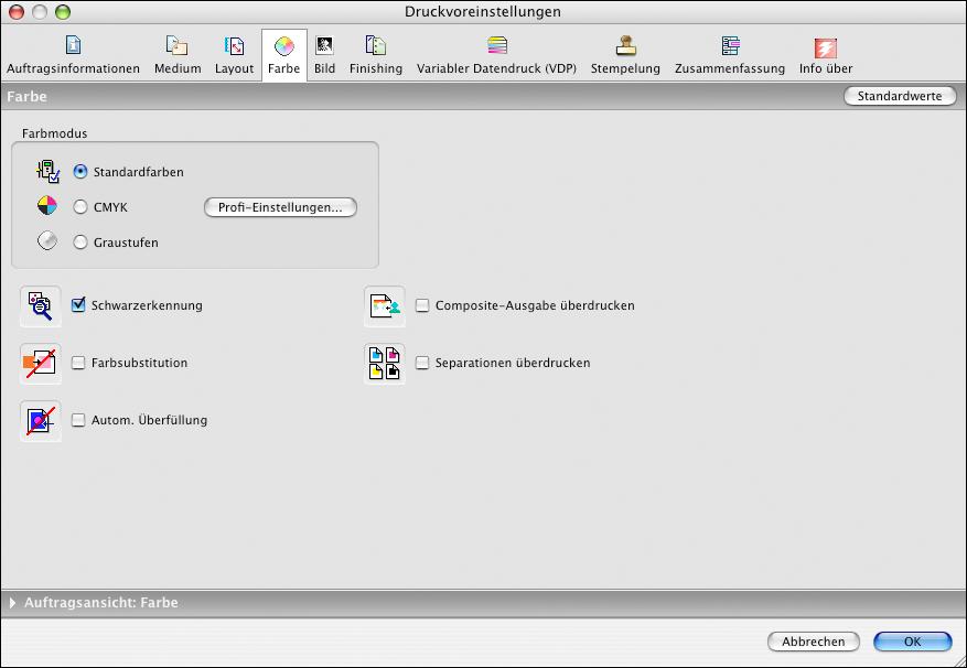 DRUCKEN UNTER MAC OS X 31 15 Geben Sie ggf. entsprechende Werte in die übrigen Felder ein. Weitere Informationen über diese Felder finden Sie im Dokument Druckoptionen. 16 Öffnen Sie die Seite Farbe.
