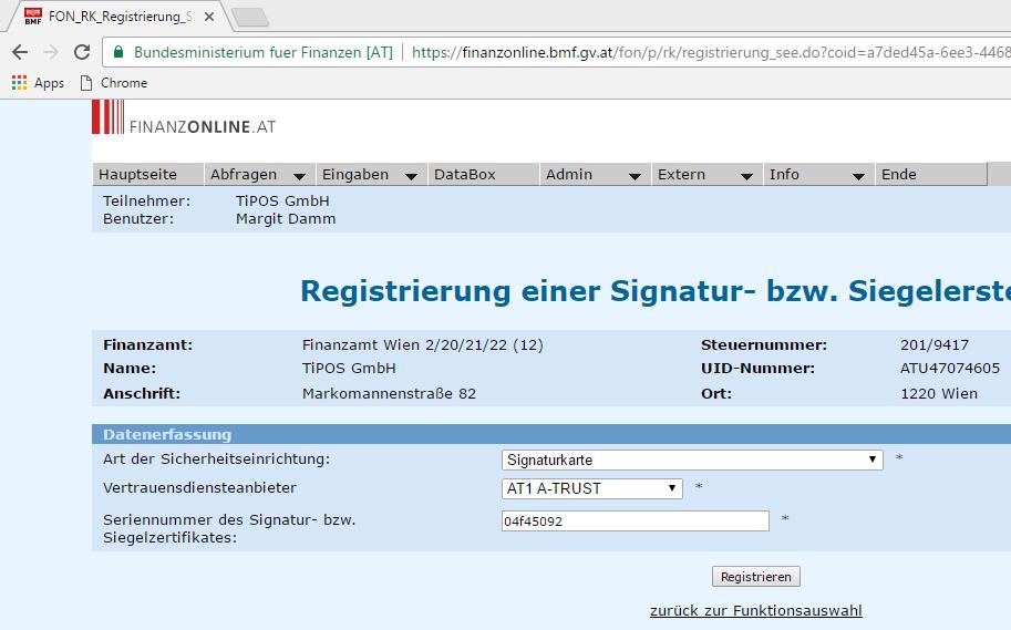 3.) Jetzt werden die Signaturerstellungseinheiten gemeldet. Dazu den Punkt Registrierung einer Signatur- bzw. Siegelerstellungseinheit wählen.