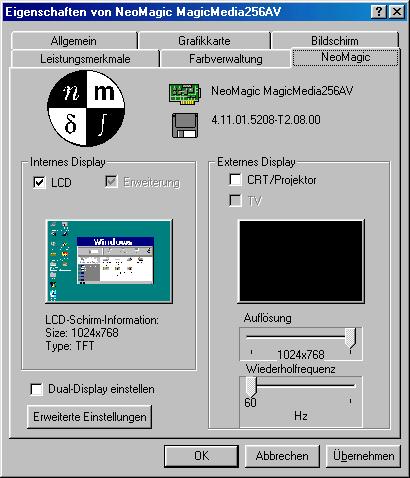 Idividuelle Kofiguratio des otebook-computers 37 Wahl des Azeigemodus We Sie CRT/Projector auswähle ud das LC- Display ausschalte, köe Sie mit Hilfe des Schiebereglers Wiederholfrequez die horizotale