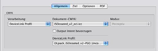 <Output Intent bevorzugen> aktiviert, so ersetzt ein vorhandener Output Intent im ghost-workflow das unter 1. definierte ICC-Profil für den Dokumenten-Farbraum. Automatisches Setzen des Dokument-CMYK.