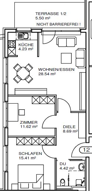 Flächen Wohnung 12 Diele 8,69 m² Bad 4,42 m² Schlafraum 15,41 m² Zimmer 11,62 m²