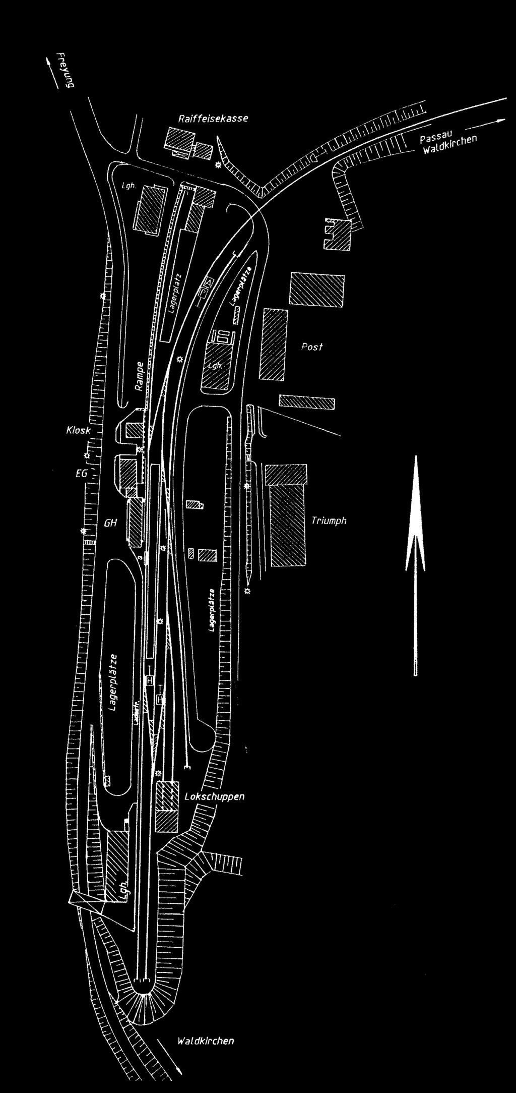 Der Gleisplan zeigt das Areal und die infrastrukturellen Einrichtungen des Bahnhofs Freyung im Zustand von 1979.