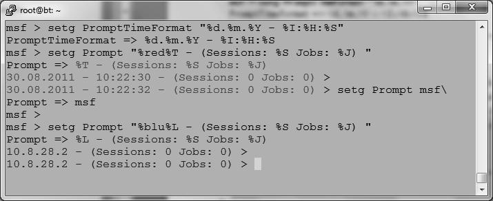 100 2 Einführung in das Metasploit-Framework Prompt mit weiteren relevanten Informationen wie %S für die aktuellen Sessions und %J für die aktiven Jobs ausgestattet. msf > setg PromptTimeFormat "%d.