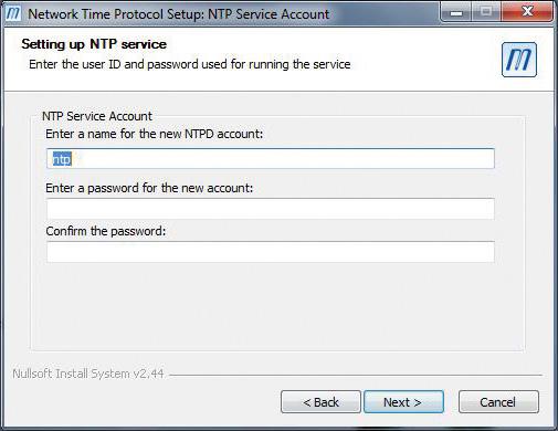 Der Dialog NTP Service Account wird angezeigt. Abb. 3-12 ¾¾Geben Sie den Namen ntp als Account-Namen ein. ¾¾Geben Sie das Passwort admin ein. ¾¾Geben Sie das Passwort admin zur Bestätigung ein.