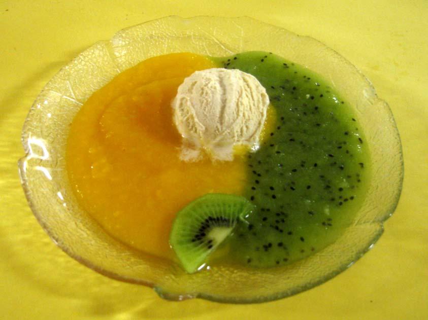 Früchtespiegel mit Vanilleeis 1 reife Mango mit wenig Zitronensaft pürieren 2 3 Kiwi mit Zitronensaft und etwas