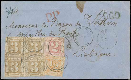 DARMSTADT 21/3 (1865) auf kleinem Briefkuvert (oben etwas verkürzt und dadurch Rückklappe fehlend) nach Lissabon mit nebengesetztem Ovalstempel FRANCA ; die Beförderung erfolgte mit