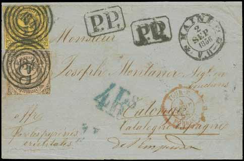 42 Thurn und Taxis-Frankaturen in das Ausland - Die Sammlung Dr. Leo Wojnke SPANIEN 8063 9, 10 6 1852/58, 6 Kreuzer auf rosa und 9 Kreuzer auf gelb mit Nr. 134 und nebengesetztem kleinen DKr.