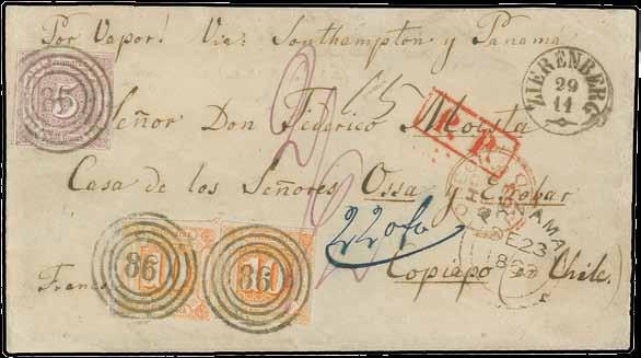 ZIERENBERG 29 11 (1863) auf Briefkuvert mit vorderseitigen Transitstempeln von London und Panama nach Copiapo; die 5 Silbergroschen bis auf kleine Schürfung tadellos, die 10 Silbergroschen-Marken