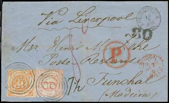 KOENIGSTEIN 18 8 1861 auf Briefhülle (rückseitig nicht ganz komplett) über Aachen und London nach Funchal; nach dem Postvertrag vom 15.7.