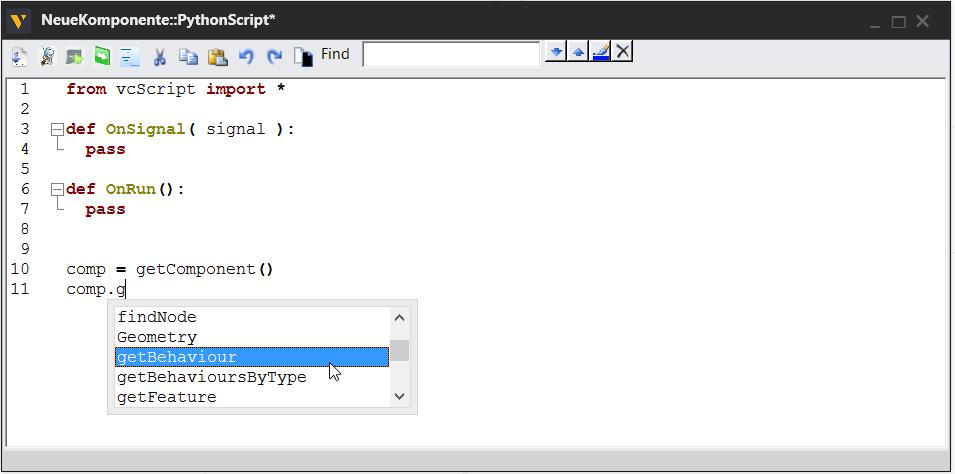 8. Python Editor Code Assistent Der PythonSkript-Editor im Modellierungskontext zeigt den Code-Assistenten bei Drücken von STRG+LEERZEICHEN an.