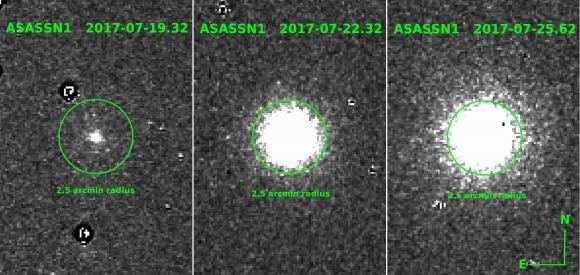 Abb. 2 Der Helligkeitsanstieg des Kometen ASASSN1 vom 19.-25. Juli. Seit der Entdeckung des Kometen am 19.