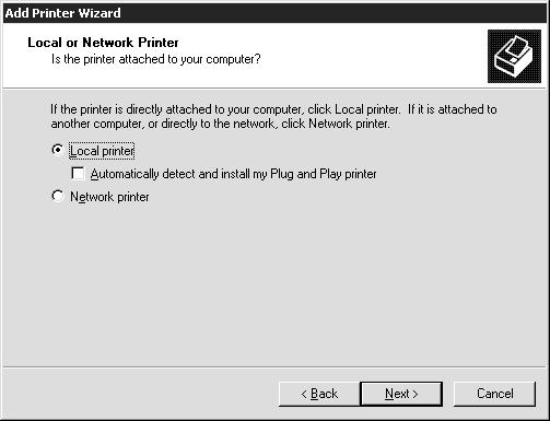 3. Klicken Sie auf Lokaler Drucker, deaktivieren Sie das Kontrollkästchen Plug & Play-Drucker automatisch ermitteln und installieren, und klicken Sie anschließend auf Weiter.