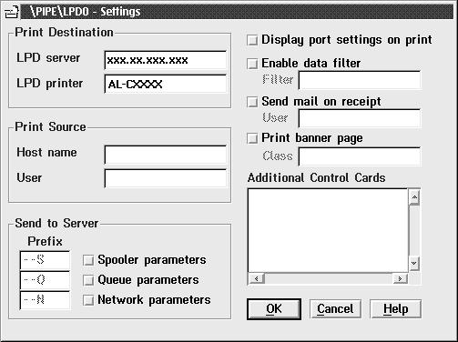 . Geben Sie im Feld für den LPD-Server die IP-Adresse des internen Druckservers ein. Geben Sie den in Schritt 2 festgelegten Druckernamen in das Feld für den LPD-Drucker ein.