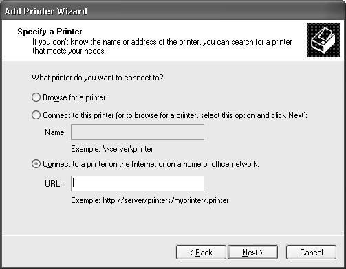 . Aktivieren Sie das Optionsfeld Verbindung mit einem Drucker im Internet oder Heim-/Firmennetzwerk herstellen. 5. Geben Sie die URL für den Zieldrucker im folgenden Format ein.