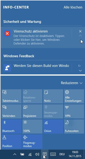 Start mit Windows Benachrichtigungen im Info-Center Eine der Neuerungen gegenüber früheren Windows-Versionen ist das Info-Center, in dem Windows 10 Benachrichtigungen auflistet.