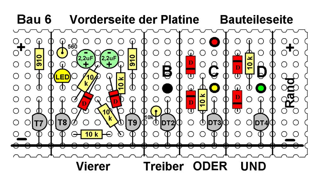Schließe den Darlington-Transistor DT1 über den Widerstand 10 k Ohm an den Ausgang des Einers (Löt 4: 31 und 10, grün, gestrichelt). B.
