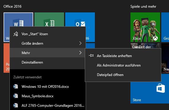 Betriebssystem Windows 10 2. Wählen Sie im Kontextmenü über den Eintrag MEH > den Befehl AN TASKLEISTE ANHEFTEN.