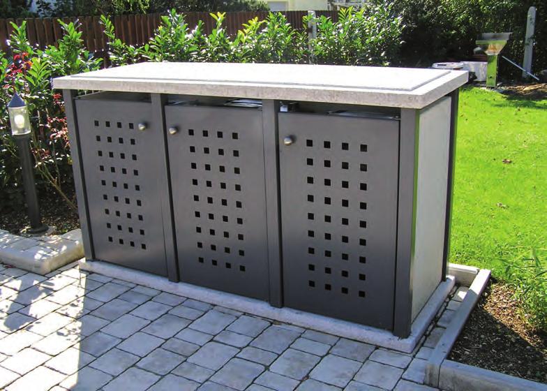 Sie erhalten die Müllboxen in verschiedenen Oberflächen passend zu Ihrem Pflaster oder Ihrer Hausfassade.