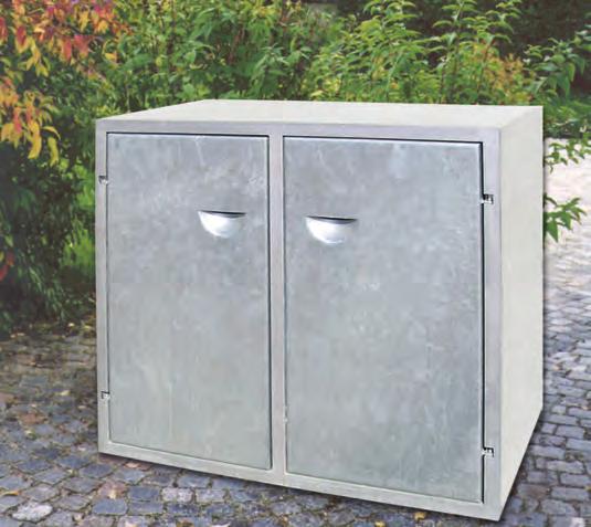 Standard Müllbox für 80 oder 120 iter Rädertonne zum Kippen mit angseil Türen in allen RA-arben erhältlich in 3 feingewaschenen Oberflächen lieferbar Noppenblech gegen Aufpreis ochblech gegen