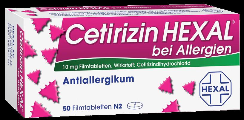 ratiopharm GmbH, 89070 Ulm** 16,89 6,99 Cetirizin HEXAL bei Allergien 10 mg Filmtabletten. Wirkstoff: Cetirizindihydrochlorid.