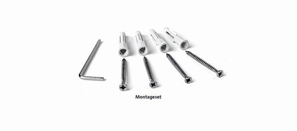 Displaysysteme 13 Abstandhalter Montageset Beschreibung: 1 Inbusschlüssel 0,9 mm, 4 Dübel und 4 Kreuzschlitzschrauben.