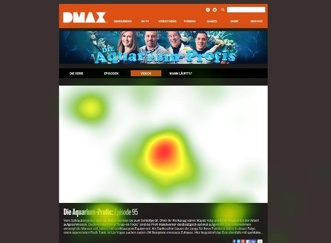 Beispiel Heatmap Mediatheken Summierte Aufmerksamkeitsschwerpunkte, dargestellt anhand der Mediathek DMAX Nach 5 Sekunden Nach 10 Sekunden Die Heatmap-Auswertung der