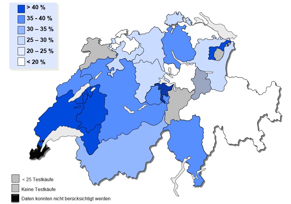 Grafik 3: Alkoholverkaufsrate an Minderjährige nach Kanton (in %) Die Rate der Alkoholverkäufe an Minderjährige ist zwischen 2013 und 2014 in den meisten Kantonen gestiegen.