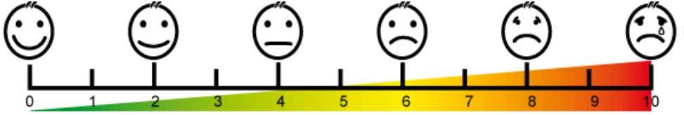 Schmerzmessung Numerische Ratingskala (NRS) Visuelle Analogskala (VAS) kombiniert mit NRS und Smiley Skala Bei eingeschränkter Bewusstseinslage: Erfassung anhand klinischer Symptome (z.