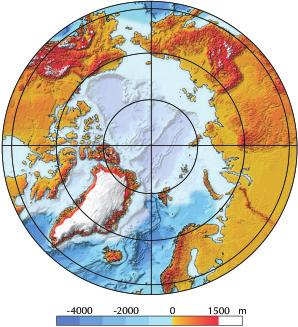 The North Pole is located in the Arctic Ocean which has a depth of 4km at this point and is covered by sea ice. Only Greenland is covered by a large ice sheet.