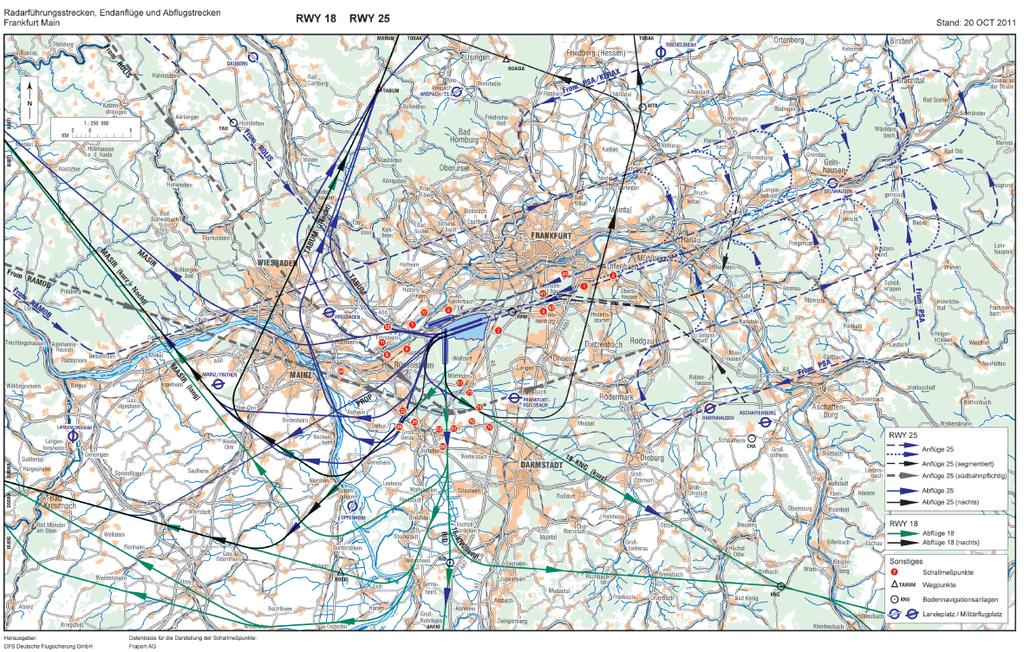 Anlage 1 (schematische Darstellung): Radarführungsstrecken, Endanflüge und Abflugstrecken bei Westwetterlage, d. h.