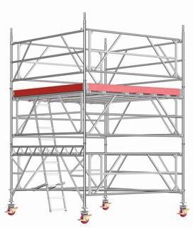 Arbeitsböden aus Aluminium-Rahmen und Sperrholz-Einlage (BFU 100G) auch als Durchstieg für Aufstieg über Einhängeleitern; vorschriftsmäßige Ruhepodeste bereits integriert.