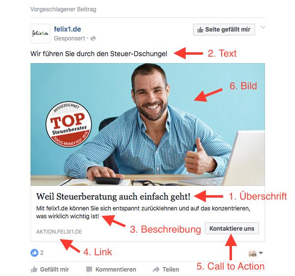 1. Eine typische Facebook Ad - Ein Überblick 1. Überschrift - Der Haupttitel deiner Facebook Werbung der die Aufmerksamkeit der Leute gewinnt. Deine Überschrift kann maximal 25