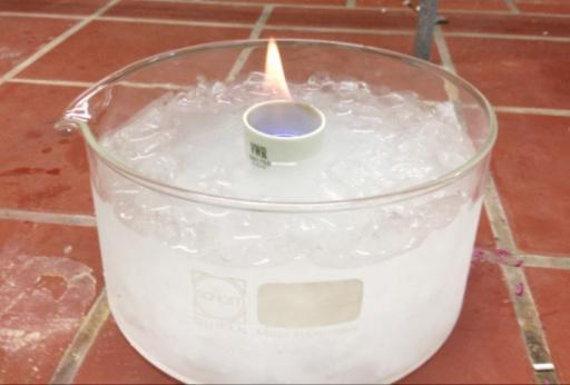 4 Schülerversuch - Brausepulver-Feuerlöscher Durchführung: Beobachtung: In die Kristallschale wird eine Eis-Viehsalzmischung gegeben und der Tiegel wird ca. bis zur Hälfte mit Petroleum gefüllt.