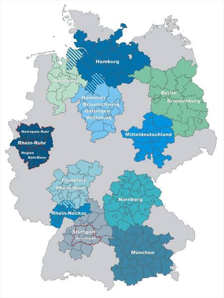 1 Fragestellung, Ziel und Ansatz der Untersuchung Abbildung 1 Karte der Untersuchungsregion und der anderen Metropolregionen Quelle: Initiativkreis Europäische Metropolregionen in Deutschland (IKM).