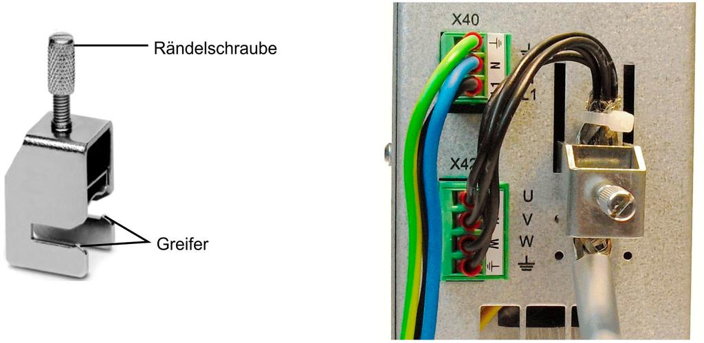 Anschlussbeispiele 9.10 Kabelschirm auflegen Für den Betrieb des SD2S ist es notwendig, das Motorkabel zu schirmen. Je nach Gerät und Verwendung sind evt. weitere Schirmungsmaßnahmen erforderlich.