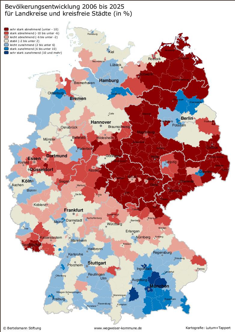 Demografische Entwicklung Bevölkerungsentwicklung 2006 bis 2025: rote Farbe deutet