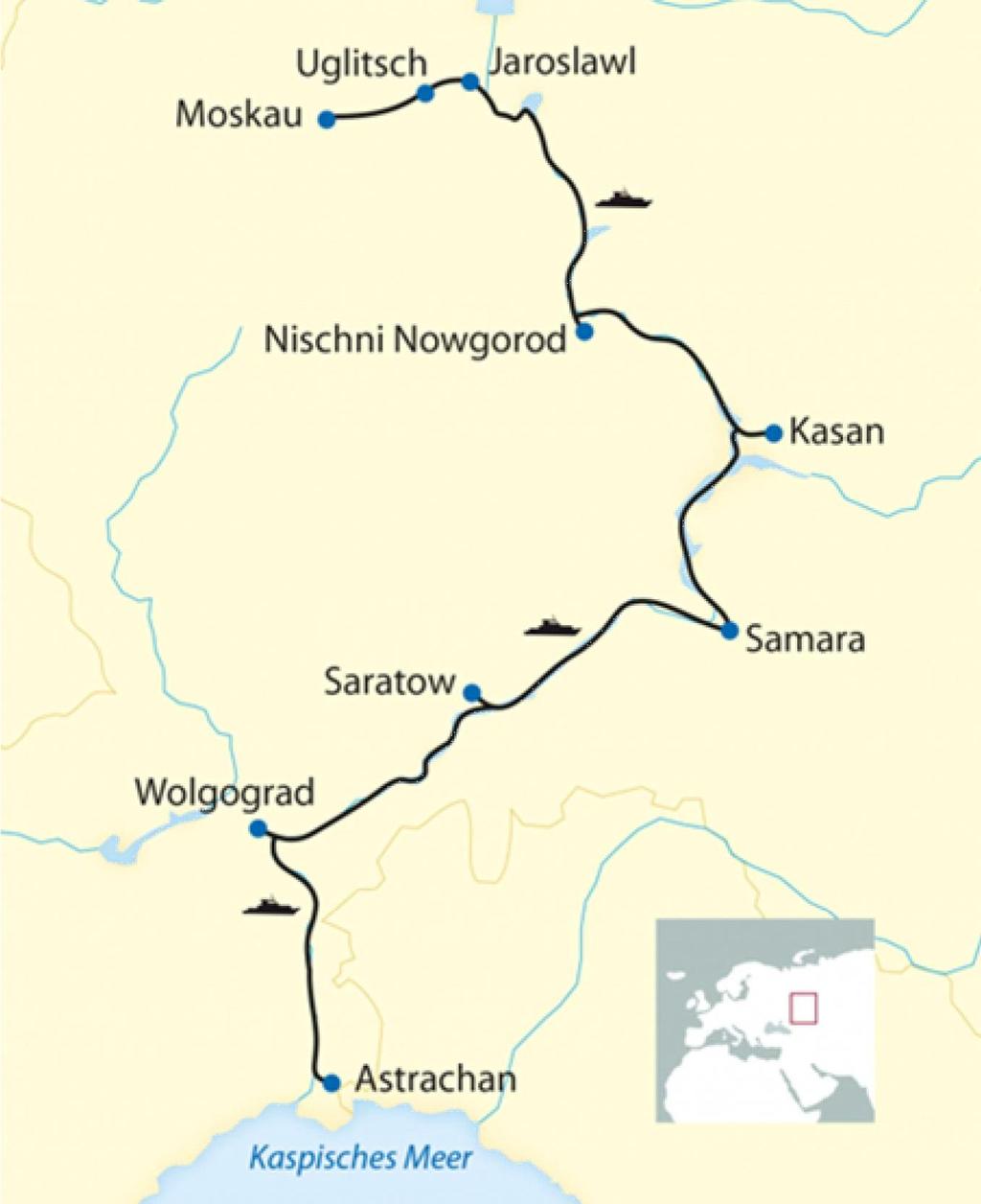 Verlauf Ihrer Wolga-Kreuzfahrt 1. Tag: Schweiz - Moskau Astrachan Abflug um 13.25h mit Aeroflot von Zürich via Moskau nach Astrachan, Ankunft um 00.50h und Transfer zur Volga Dream und Kabinenbezug.