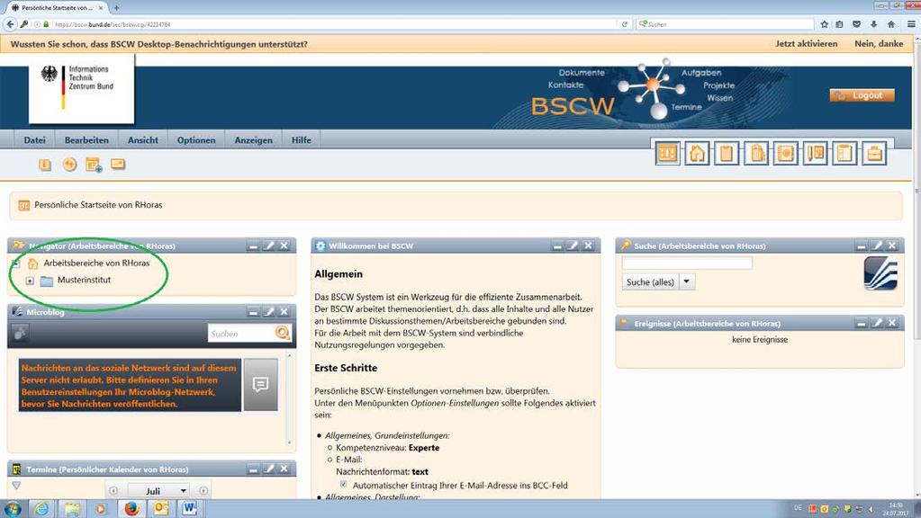 Abbildung 1: Startseite des Nutzers mit freigegebenem Ordner der Forschungseinrichtung Musterinstitut.
