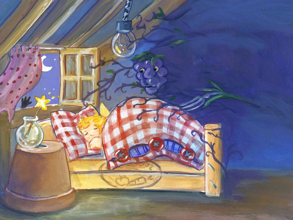 Am Abend war Freda müde vom Brombeeren pflücken. Sie stellte ihren Zauberstab neben ihr Bett und schlief ein.