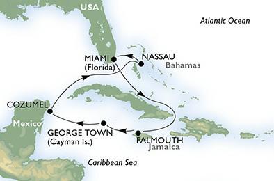Kreuzfahrt: KARIBIK, KUBA & ANTILLEN USA, Jamaika, Cayman Islands, Mexiko, Bahamas Kreuzfahrtschiff: MSC DIVINA Abfahrtshafen: Miami, USA Zielhäfen: Falmouth, Georgetown, Cozumel, Nassau