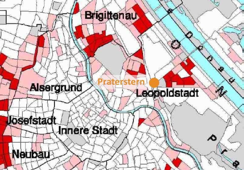Praterstern: Zielgebiete für Sanierungsförderungen Durch die Zielgebietsdefinition der Stadt Wien werden Sanierungen in der Umgebung des Bahnhofs Praterstern angeregt.